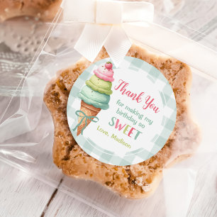 Ice Cream Blue Bow Gingham Birthday Party Classic Round Sticker