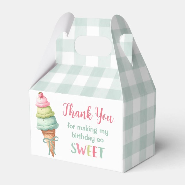 Ice Cream Blue Bow Gingham Birthday Party Favour Box (Front Side)