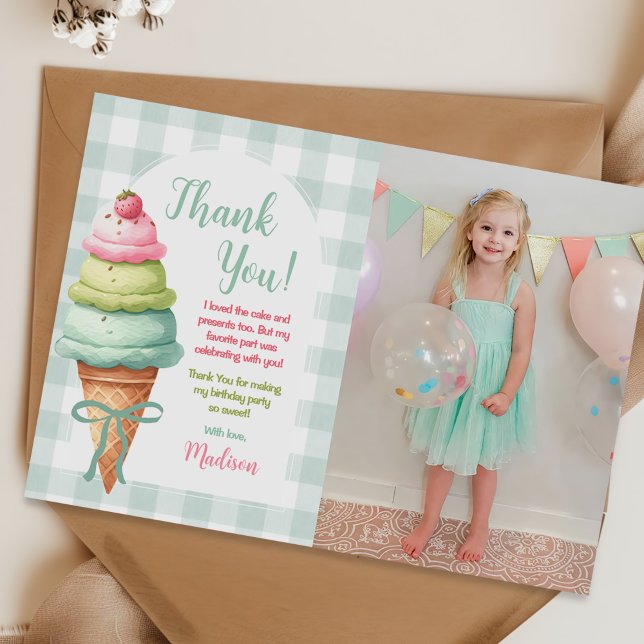 Ice Cream Blue Bow Gingham Birthday Party Photo Thank You Card (Creator Uploaded)