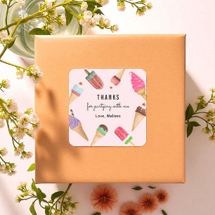 Ice Cream Blue Pink Popsicle Colourful Thank You Square Sticker