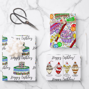 Ice Cream, Cake and Candy Birthday Wrapping Paper Sheet
