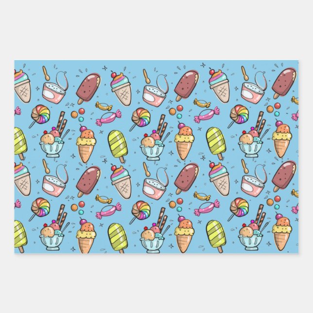 Ice Cream Candy Blue Wrapping Paper Sheet (Front)