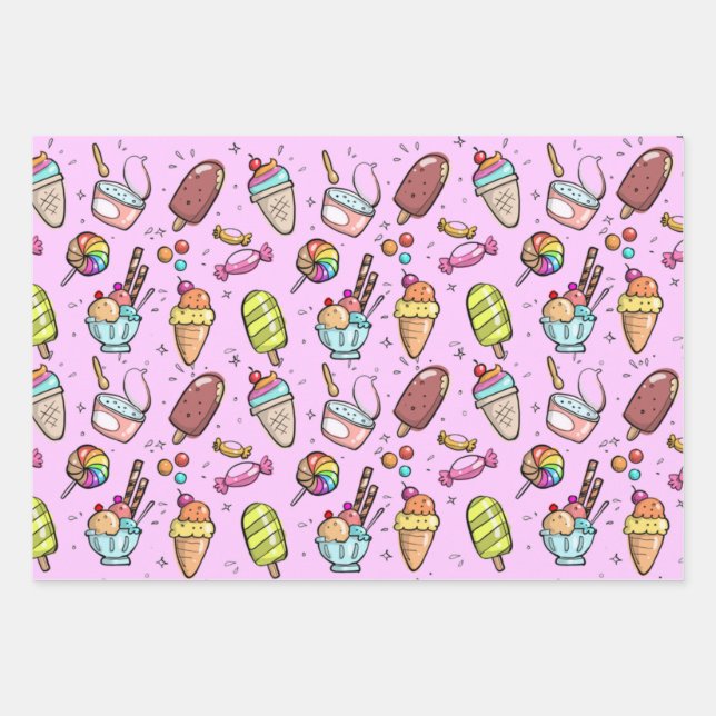 Ice Cream Candy Pink Wrapping Paper Sheet (Front)