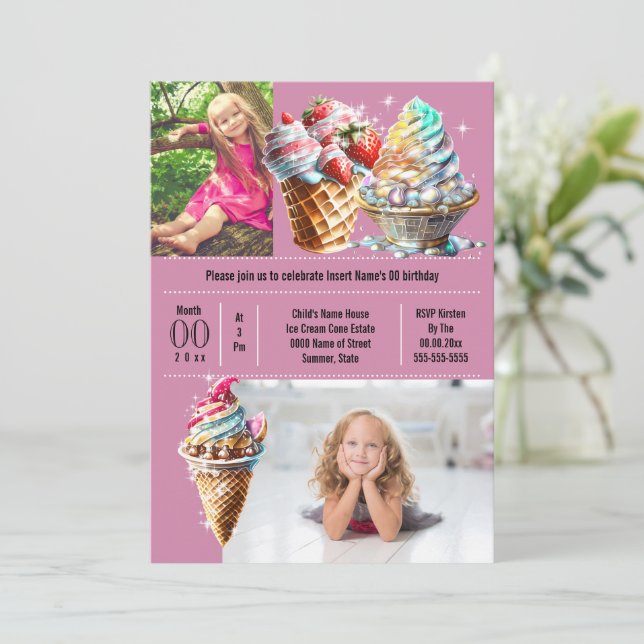 Ice cream candy summer DIY photo kids purple Invitation (Standing Front)