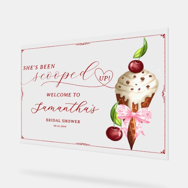 Ice Cream Cherry Scooped Up Bridal Shower Welcome Acrylic Sign (Angle)