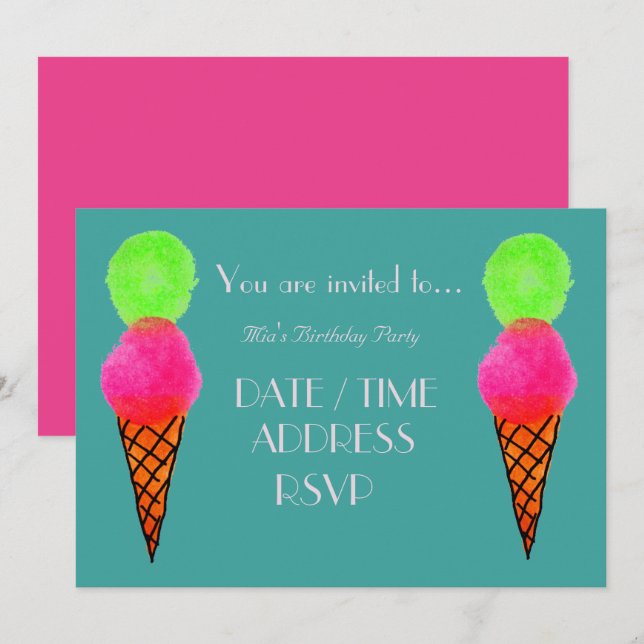 Ice-cream colourful girl's birthday party invitation (Front/Back)