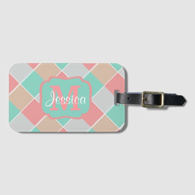 Ice-Cream Colours Checked Personalised Luggage Tag (Front Horizontal)