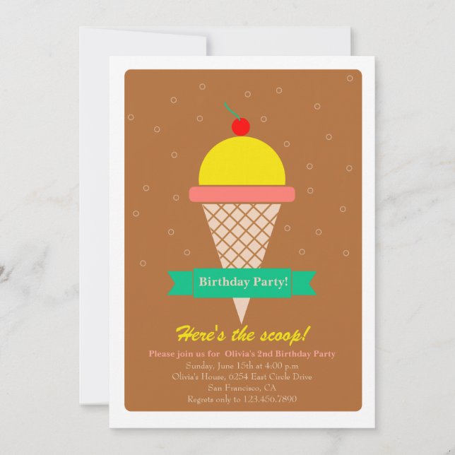 Ice cream cone and ribbon -birthday party invite (Front)