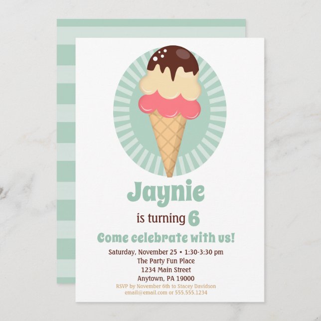 Ice Cream Cone Boys Girls Birthday Party Invitation (Front/Back)
