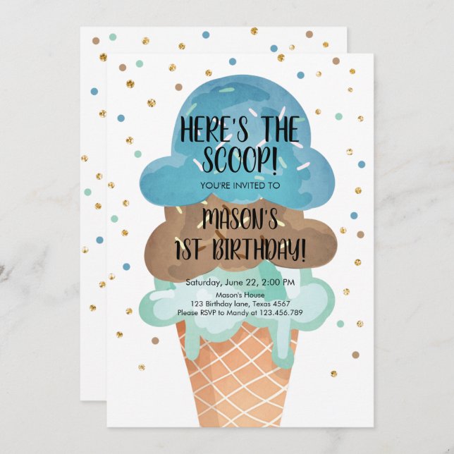 Ice Cream Cone Confetti Boy First Birthday Invitation (Front/Back)