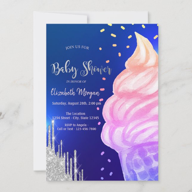 Ice cream Cone Confetti Royal Blue Baby Shower Invitation (Front)