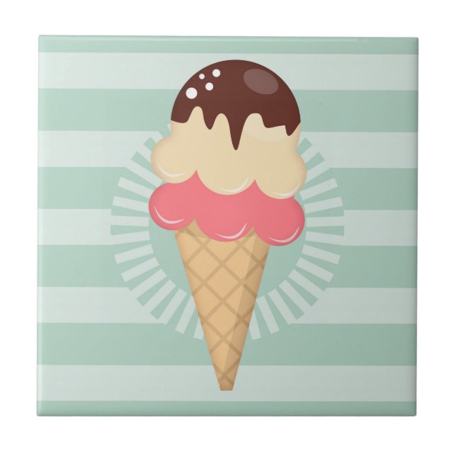 Ice Cream Cone - Cute Chocolate Vanilla Mint Green Ceramic Tile (Front)