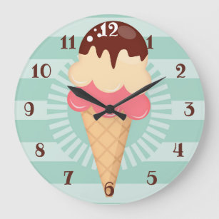 Ice Cream Cone - Cute Chocolate Vanilla Mint Green Large Clock