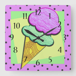 Ice Cream Cone Deco Square Wall Clock