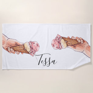 Ice Cream Cone Design Monogram Name Beach Towel