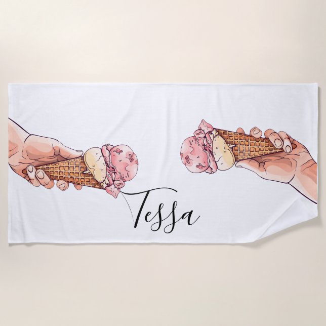 Ice Cream Cone Design Monogram Name Beach Towel (Front)