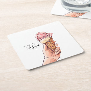 Ice Cream Cone Design Monogram Name Square Paper Coaster