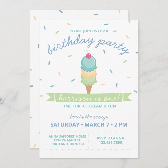 Ice Cream Cone First Birthday Party - Boy Invitation (Front/Back)
