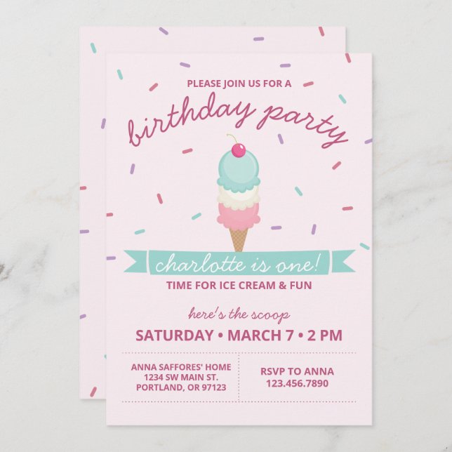 Ice Cream Cone First Birthday Party Invitation (Front/Back)