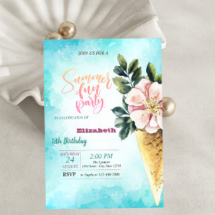 Ice Cream Cone Flowers Summer Birthday Party  Invitation