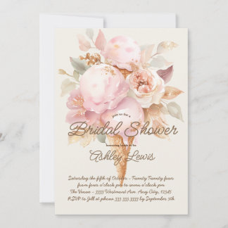 Ice cream cone gold floral pink ice cream invitation