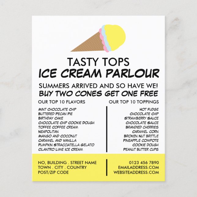 Ice Cream Cone, Ice Cream Parlour Advertising  Flyer (Front)