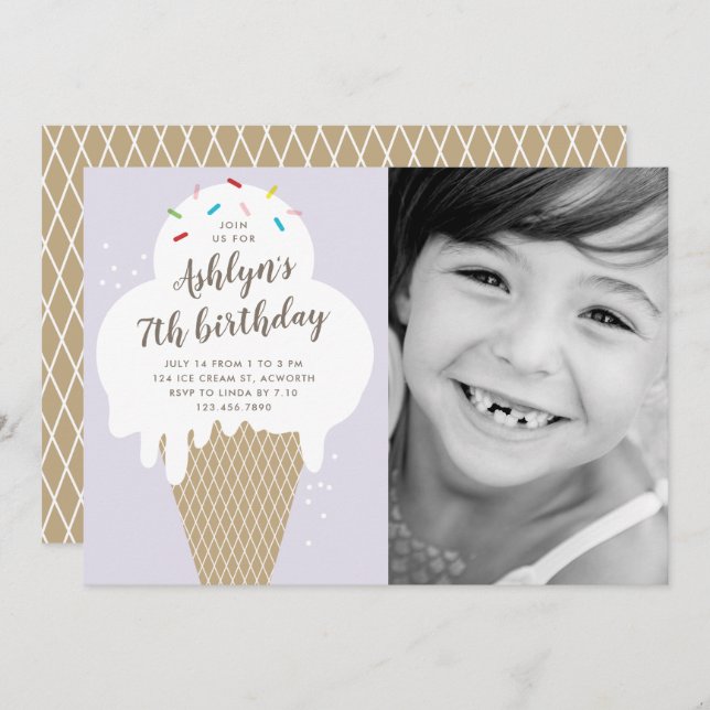Ice cream cone kids photo birthday party invitation (Front/Back)