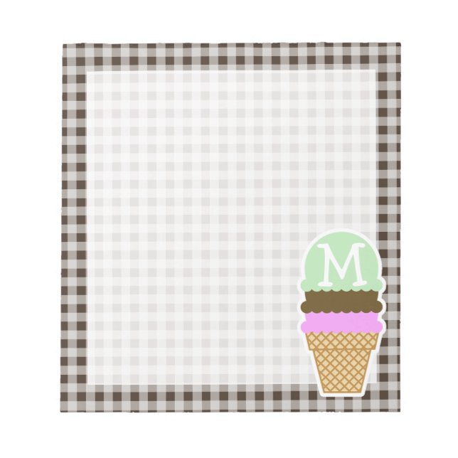 Ice Cream Cone on Bistre Brown Gingham Notepad (Front)