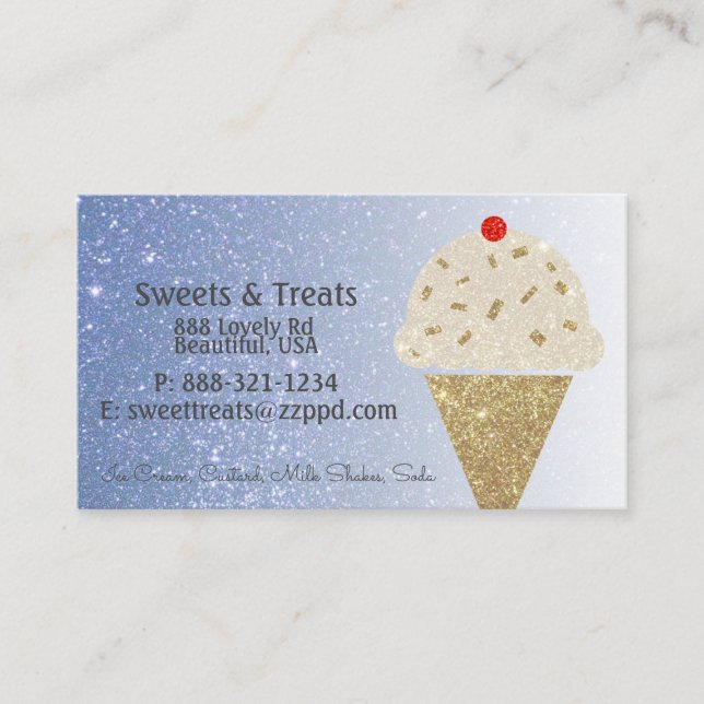 Ice Cream Cone on Blue Glitter Gradient Business Card (Front)