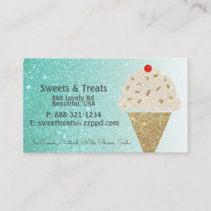 Ice Cream Cone on Teal Glitter Gradient Business Card