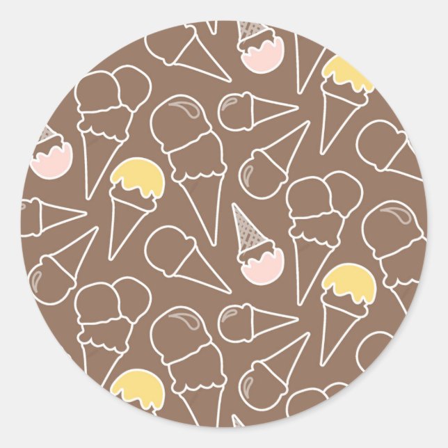 Ice Cream Cone Pattern on Brown Classic Round Sticker (Front)