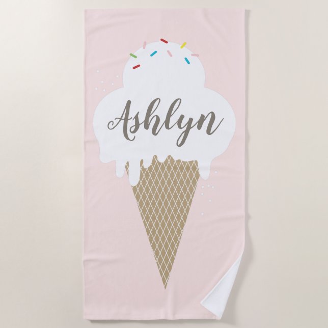 Ice Cream Cone Pink Script Kids Beach Towel (Front)