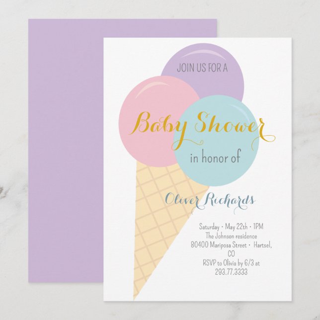 Ice Cream Cone Scoop Kids Baby Shower  Invitation (Front/Back)