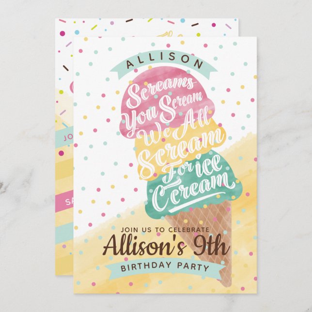 Ice Cream Cone Scoops Birthday Party Invitation (Front/Back)