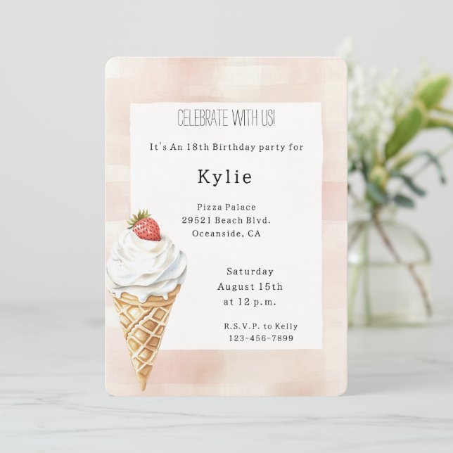 Ice Cream Cone Strawberry Birthday   Invitation (Standing Front)