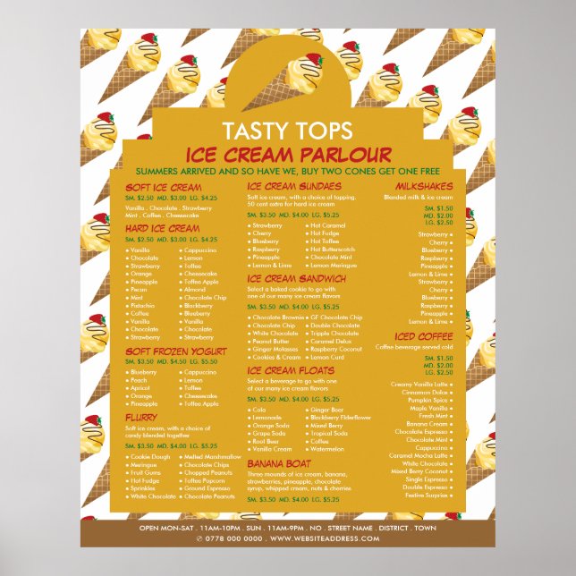 Ice Cream Cones, Ice Cream Parlour Menu Poster (Front)