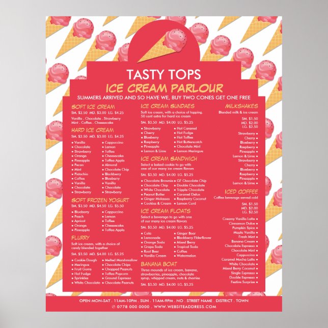 Ice Cream Cones, Ice Cream Parlour Menu Poster (Front)