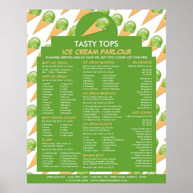 Ice Cream Cones, Ice Cream Parlour Menu Poster (Front)