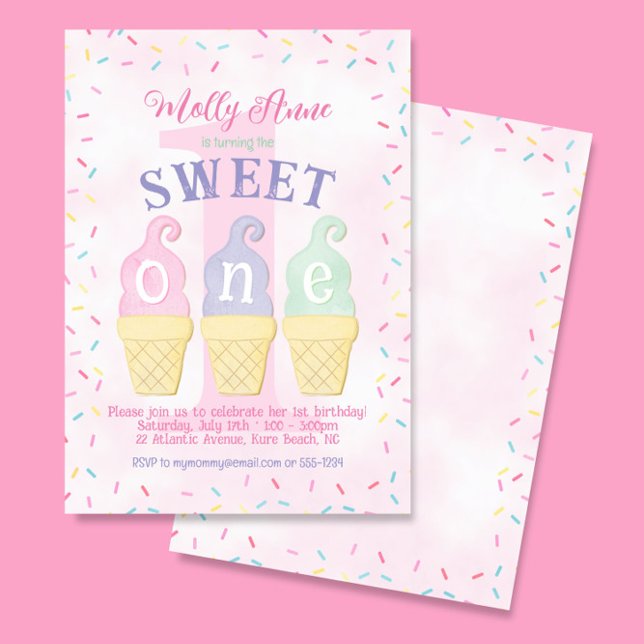 Ice Cream Cones & Sprinkles Pink Purple Birthday Invitation (Creator Uploaded)