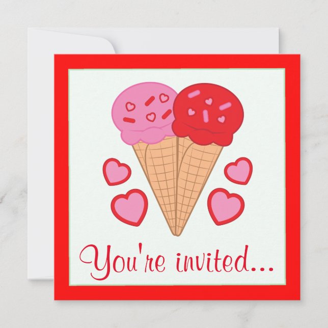 Ice Cream Cones with Hearts Valentine's Party Invitation (Front)