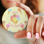 Ice Cream Connoisseur Pastel Personalised 6 Cm Round Badge<br><div class="desc">This fun, personalised badge has space for your name and a short line of text. Our sample text reads "[name] - Ice Cream Connoisseur" which you can personalise how you wish. A colourful pattern of ice cream cones in different flavours, on a pale yellow background. (Feel free to hit the...</div>