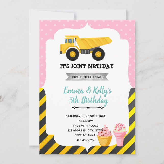Ice cream construction joint party invitation (Front)