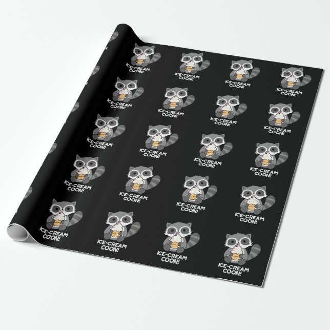 Ice Cream Coon Funny Animal Racoon Pun Dark BG Wrapping Paper (Unrolled)