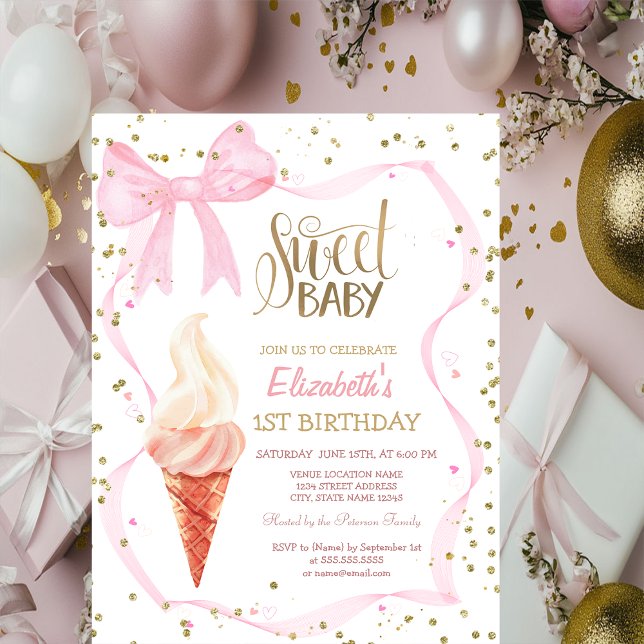  Ice Cream Diamonds Pink Bow Striped Birthday   Invitation (Creator Uploaded)