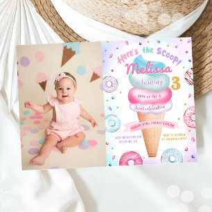  Ice Cream Doughnut Here's the Scoop Birthday Phot Invitation