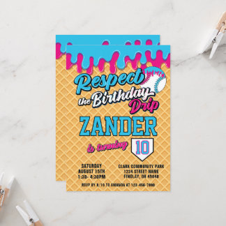 Ice Cream Drip Baseball Blue Pink Birthday Party Invitation