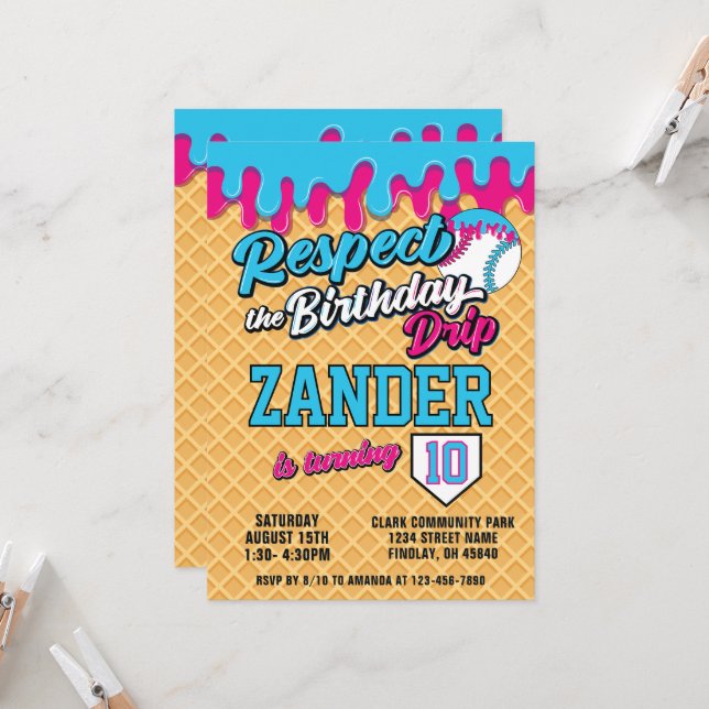 Ice Cream Drip Baseball Blue Pink Birthday Party Invitation (Front/Back In Situ)