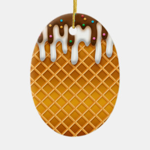 Ice Cream Drip Waffle Cone Chocolate And Vanilla  Ceramic Ornament