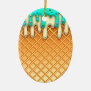 Ice Cream Drip Waffle Cone Mint With Sprinkles Ceramic Ornament