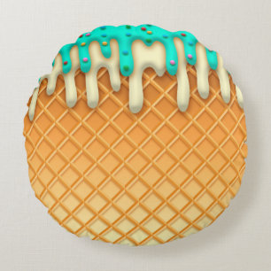 Ice Cream Drip Waffle Cone Mint With Sprinkles Round Cushion